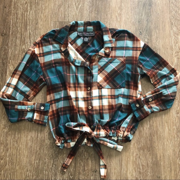 Poly Ester Tops - Poly Ester Plaid Tie Front Lightweight Flannel Button Down Top
